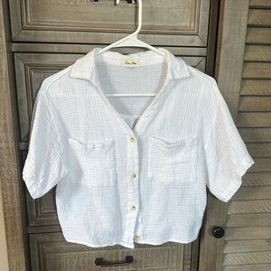 White Gauze Button-Front Crop Shirt